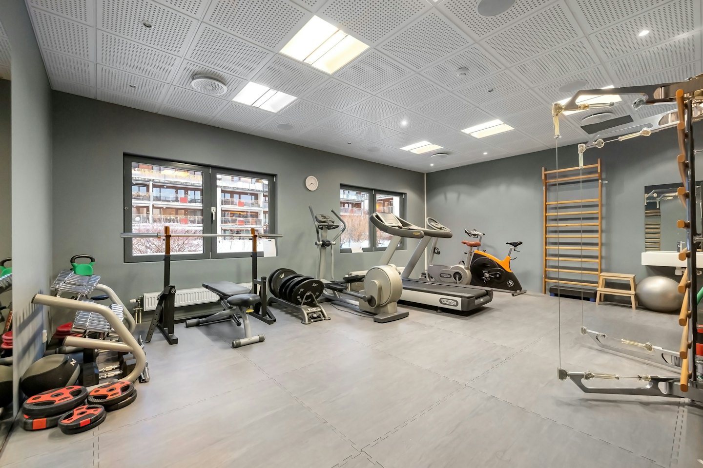 Gimnasio moderno con cintas de correr, bicicletas y pesas ordenadamente dispuestas.